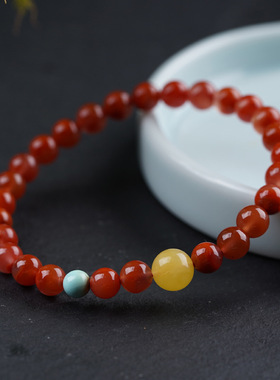天然南红玛瑙单圈手串搭配蜜蜡绿松石男女生款式温婉简约大气手链