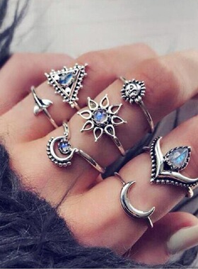 欧美复古风组合戒指套装波西米亚度假风金属水晶指环混搭个性尾戒