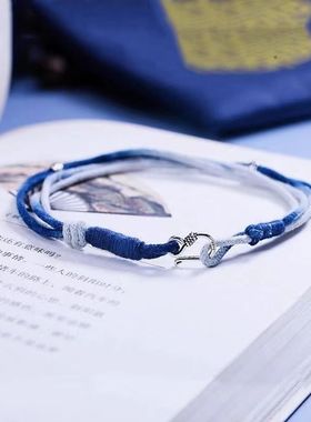 编织手绳简约日系小众原创设计多层蓝色扎染男女情侣手链