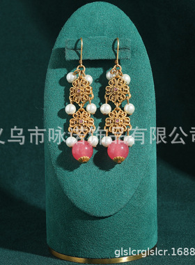 咏诺中古复古做旧金粉晶镂空项链多坠珠串重工镂空雕花小众高级感