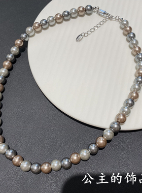 欧比雅比 小众轻奢高级感优雅温柔麻灰色混彩色珍珠 短款项链