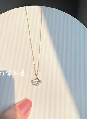 轻奢气质简约镶锆石钻银杏叶吊坠通体925银细锁骨链细短链