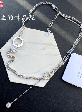 欧比雅比 时尚潮流网红INS 锆石吊坠 几何圆环粗短款项链毛衣链女