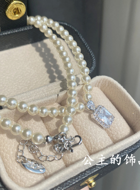 欧比雅比 气质轻奢小众高级感仿珍珠镶锆石长方形颈链短锁骨项链