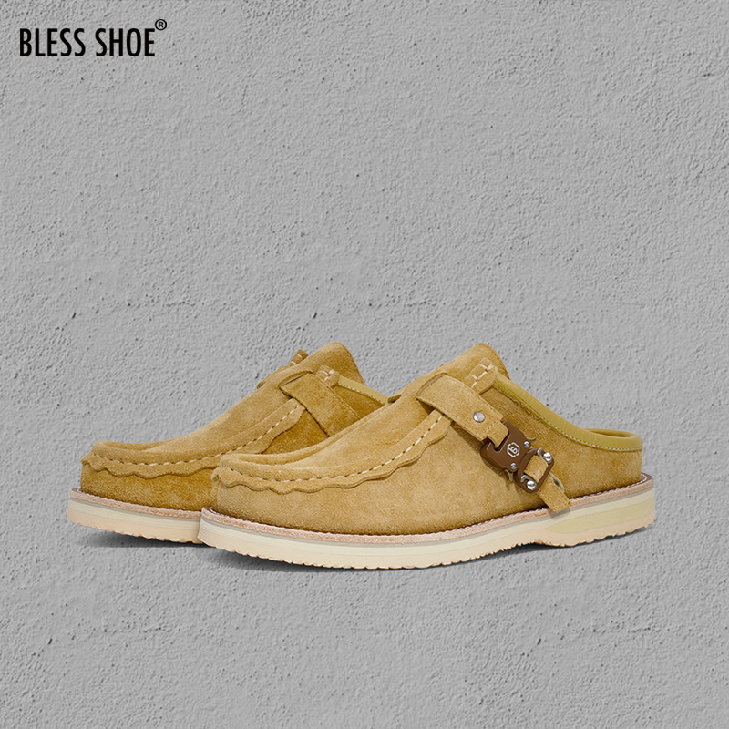 BLESS SHOE WALLABEE Mules夏季复古包头鞋 外穿真皮袋鼠鞋拖鞋 - 图1