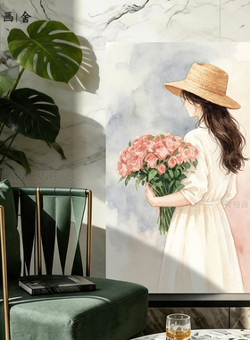 抱花女孩手绘油画高级感花卉挂画