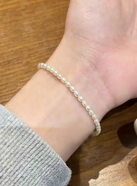 3mm天然淡水强光珍珠小米珠手链小金珠手串松紧弹力绳简约可叠戴