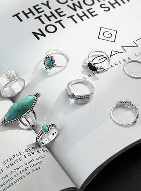 2023跨境电商复古女性黑色爱心长绿松石8件套关节组合戒指批发