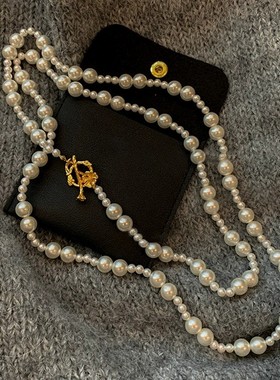 高级感大小施家珍珠项链女小众复古个性百搭金属花朵OT扣毛衣链