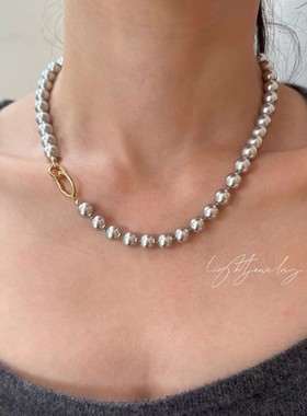 施家珍珠项链真多麻灰色珍珠项链轻奢小众正品颈链女毛衣链新款