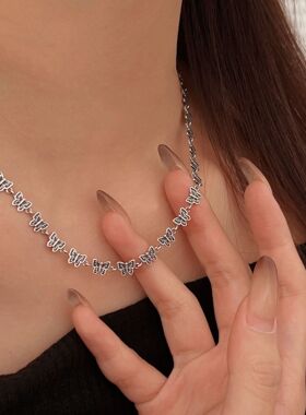 持恒S925纯银拼接小蝴蝶项链女韩国春季复古小众设计高级感锁骨链