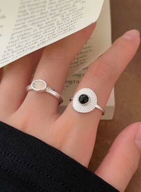 持恒S925纯银黑玛瑙草帽戒指女小众独特时尚百搭指环开口可调节潮