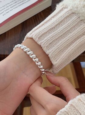 持恒S925纯银大麻花牛角包手镯女韩国ins潮百搭简约重工开口手环