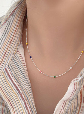 持恒s925纯银IU同款多巴胺彩虹串珠项链女韩国豆豆简约设计感颈链