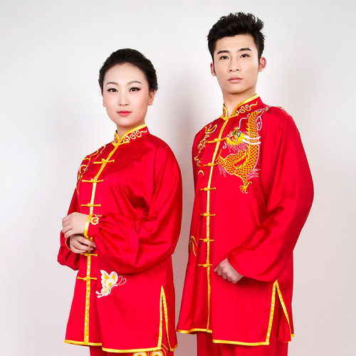 拳心拳意太极服练功服表演服装披风三件套红色刺绣金龙凤祥云团体 - 图0
