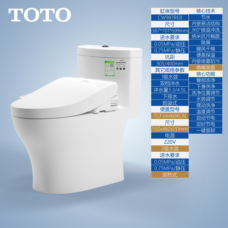 TOTO连体马桶CW987REB缓降盖板新超漩冲水家用防臭防污智洁坐便器-图0