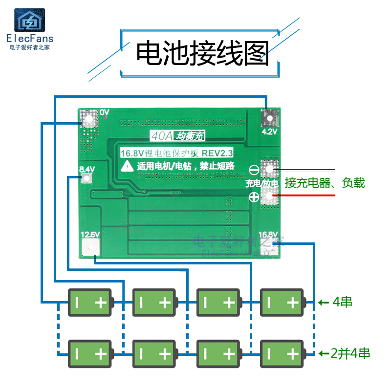4串14.8V 16.8V 18650锂电池充放电保护板40A电流 电源模块带均衡