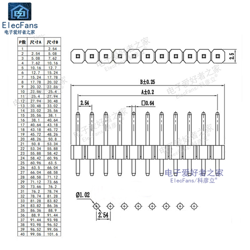 (5条)铜针1*40P 单排针2.54mm 黑色 接插件电子连接器PCB线路板