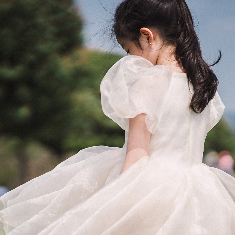 夏季女童连衣裙珠光泽纱礼服钉珠灯笼袖飘逸透气大长裙摆仙女 - 图2