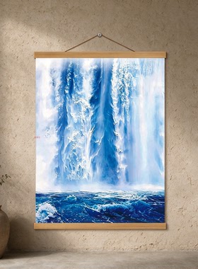 现代简约瀑布流水生财山水挂轴画