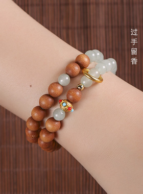 原创金丝檀/绿檀木DIY念珠创意混搭水晶森系文艺风女双圈手链檀香