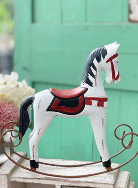 外贸树脂美式乡村彩绘摇马摆件家居花园庭院客厅店铺摆件木马装饰