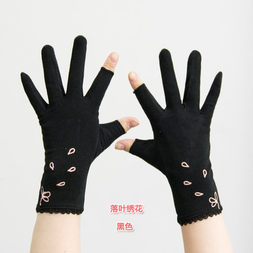 防晒手套女露二指夏天冰丝夏季开车骑车防滑半指棉布薄蕾丝露手指 - 图0