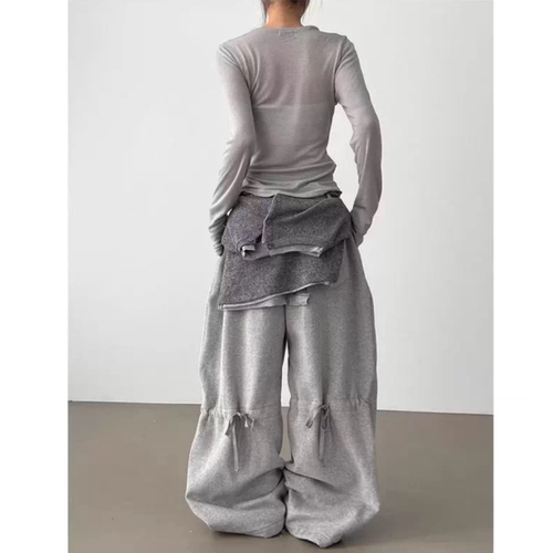 韩国代购25 back ribbon double waist wide banding pants卫裤 - 图2