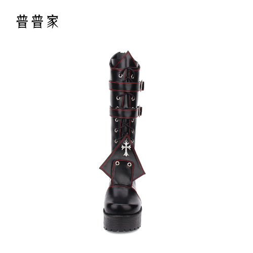 普普家新品黑暗系Lolita靴高跟防滑底厚底朋克系带拉链高筒靴8533 - 图0