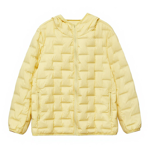 大码百分百女装微胖mm秋季保暖短外套方格轻薄款连帽羽绒服 - 图3