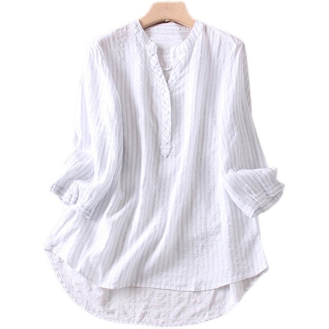 V-neck vertical striped shirt three-quarter sleeve shirt