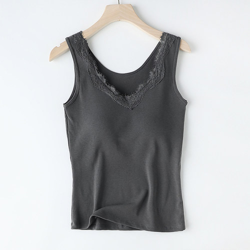 2025新品 磨毛棉保暖背心秋冬舒适弹力带胸垫一体式内衣女打底衫 - 图1