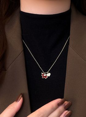 秋冬复古红色小马满钻爱心项链女高级感轻奢小众毛衣链气质配饰品