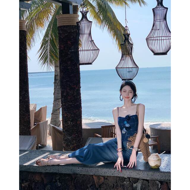 Sun Yaqiao Denim Art Summer ສິ້ນກະໂປງ A-Line Slit Denim Skirt ຍາວເຄິ່ງ