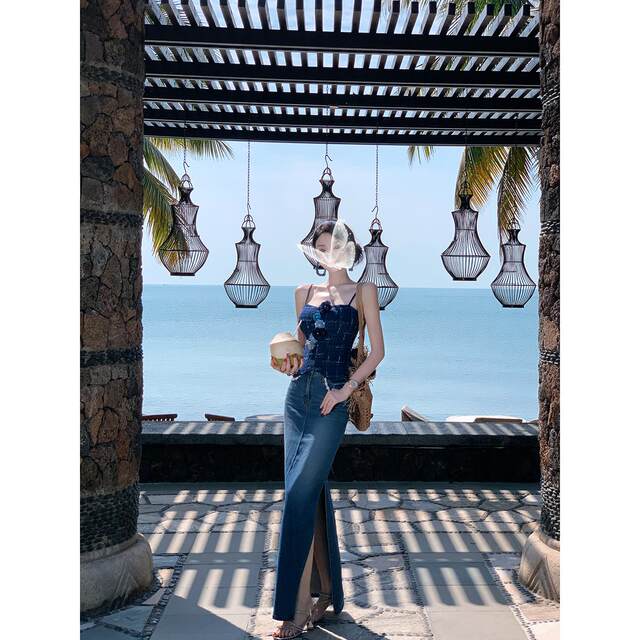 Sun Yaqiao Denim Art Summer ສິ້ນກະໂປງ A-Line Slit Denim Skirt ຍາວເຄິ່ງ