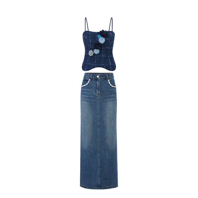 Sun Yaqiao Denim Art Summer ສິ້ນກະໂປງ A-Line Slit Denim Skirt ຍາວເຄິ່ງ