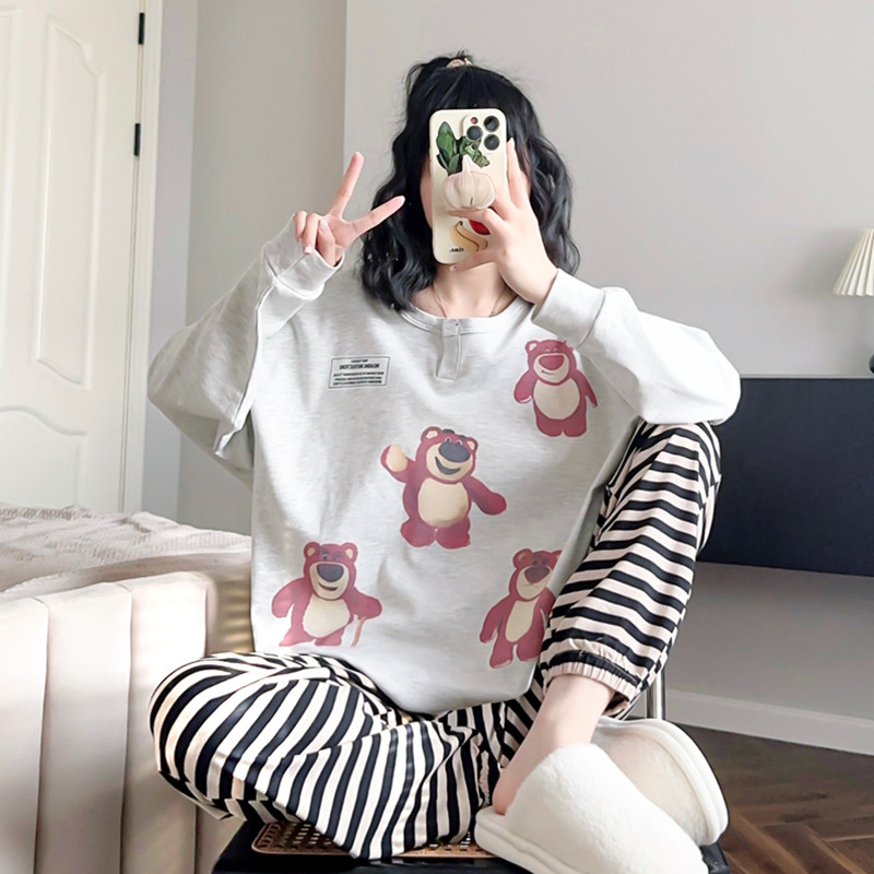 草莓熊卡通睡衣女春秋季纯棉长袖家居服束脚条纹长裤网红可爱套装,淘宝优惠券,粉丝福利购,淘宝优惠卷