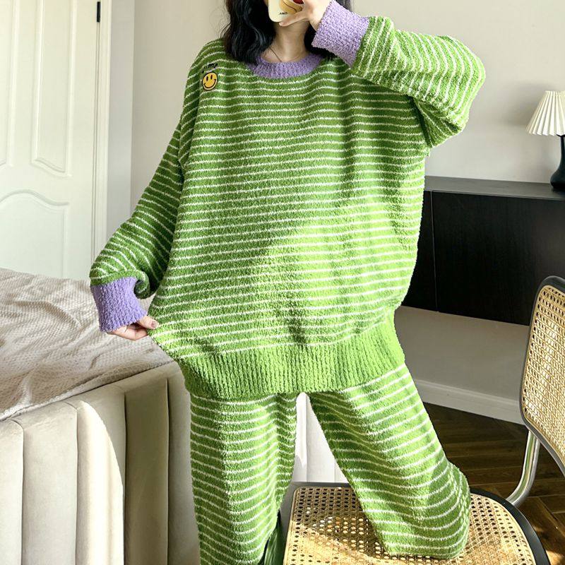 条纹笑脸睡衣女士冬季加厚软绵绵套装新款珊瑚绒保暖可外穿家居服,淘宝优惠券,粉丝福利购,淘宝优惠卷