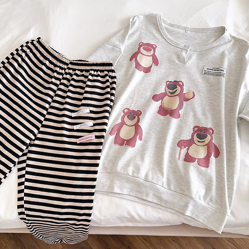 草莓熊卡通睡衣女春秋季纯棉长袖家居服束脚条纹长裤网红可爱套装,淘宝优惠券,粉丝福利购,淘宝优惠卷