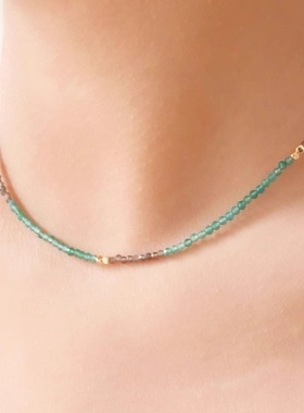 《爪哇秘境》雨林绿咖拼色极细款绿东陵金曜石锁骨链