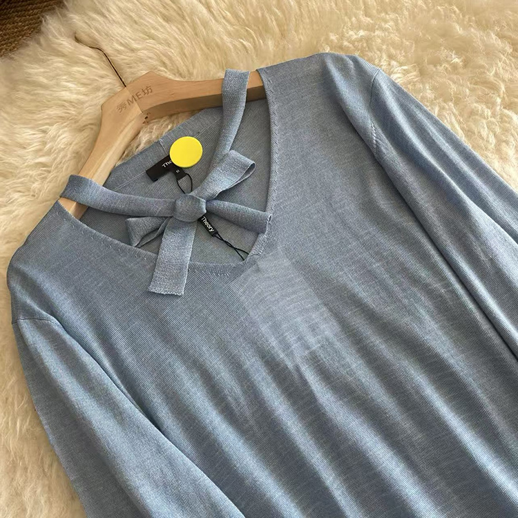 ~真丝羊毛春秋桑蚕丝v领低领毛衣女蝴蝶结针织上衣打底薄款针织衫 - 图1