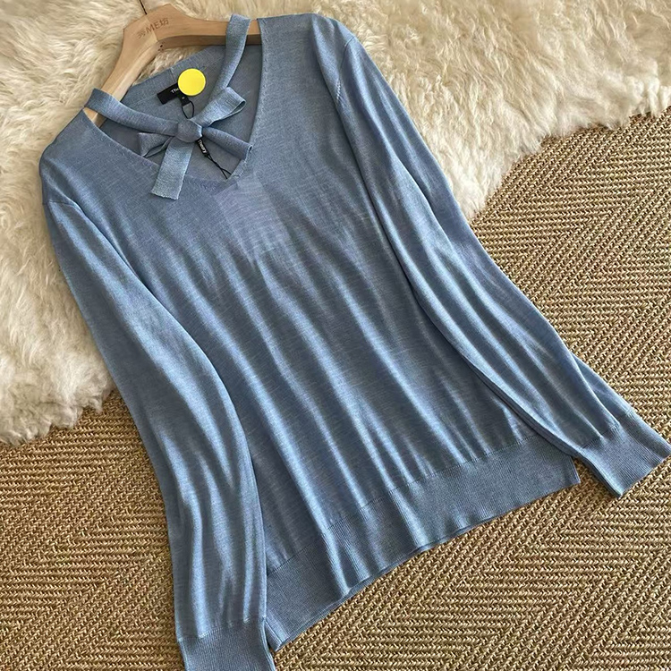 ~真丝羊毛春秋桑蚕丝v领低领毛衣女蝴蝶结针织上衣打底薄款针织衫 - 图0