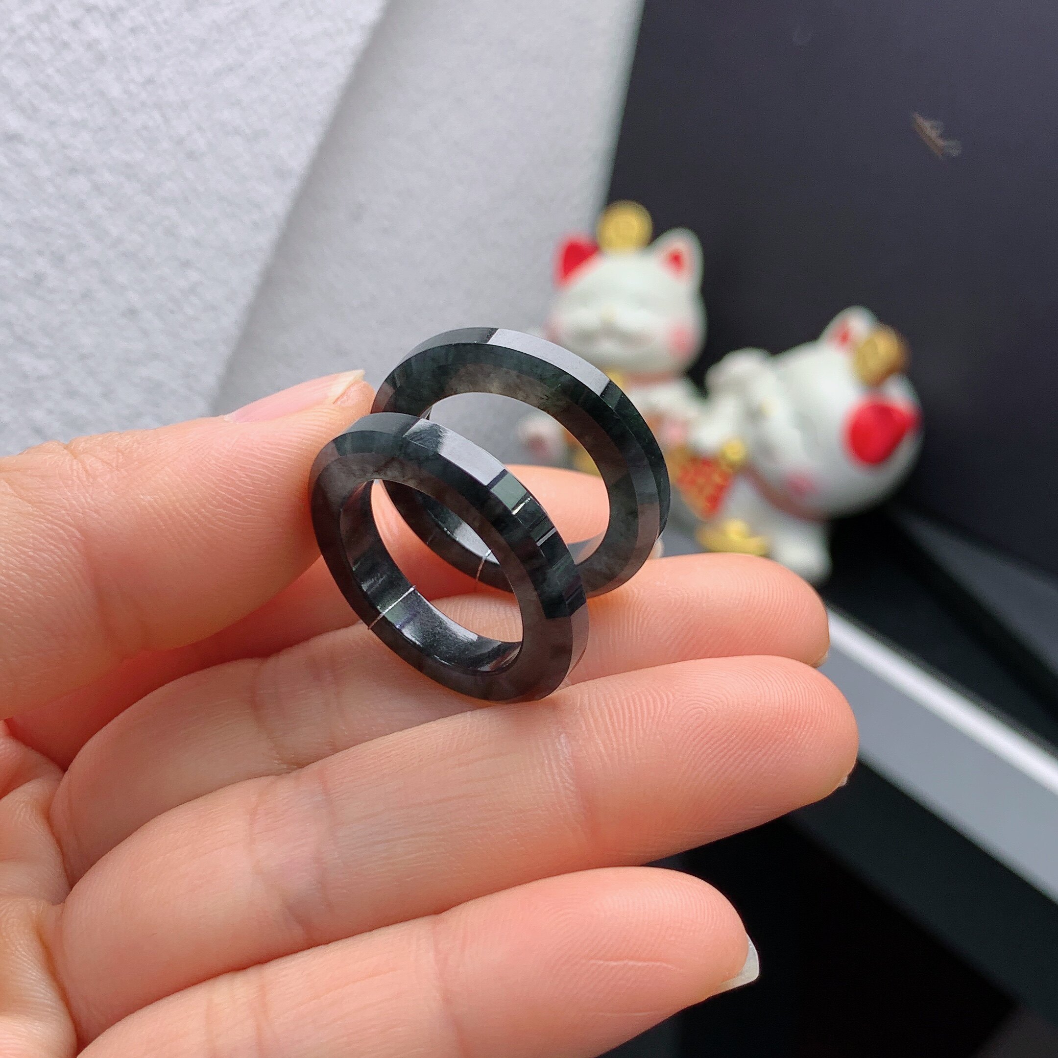 17 ring Myanmar natural jade A pair of cold black chicken rings Q2410#