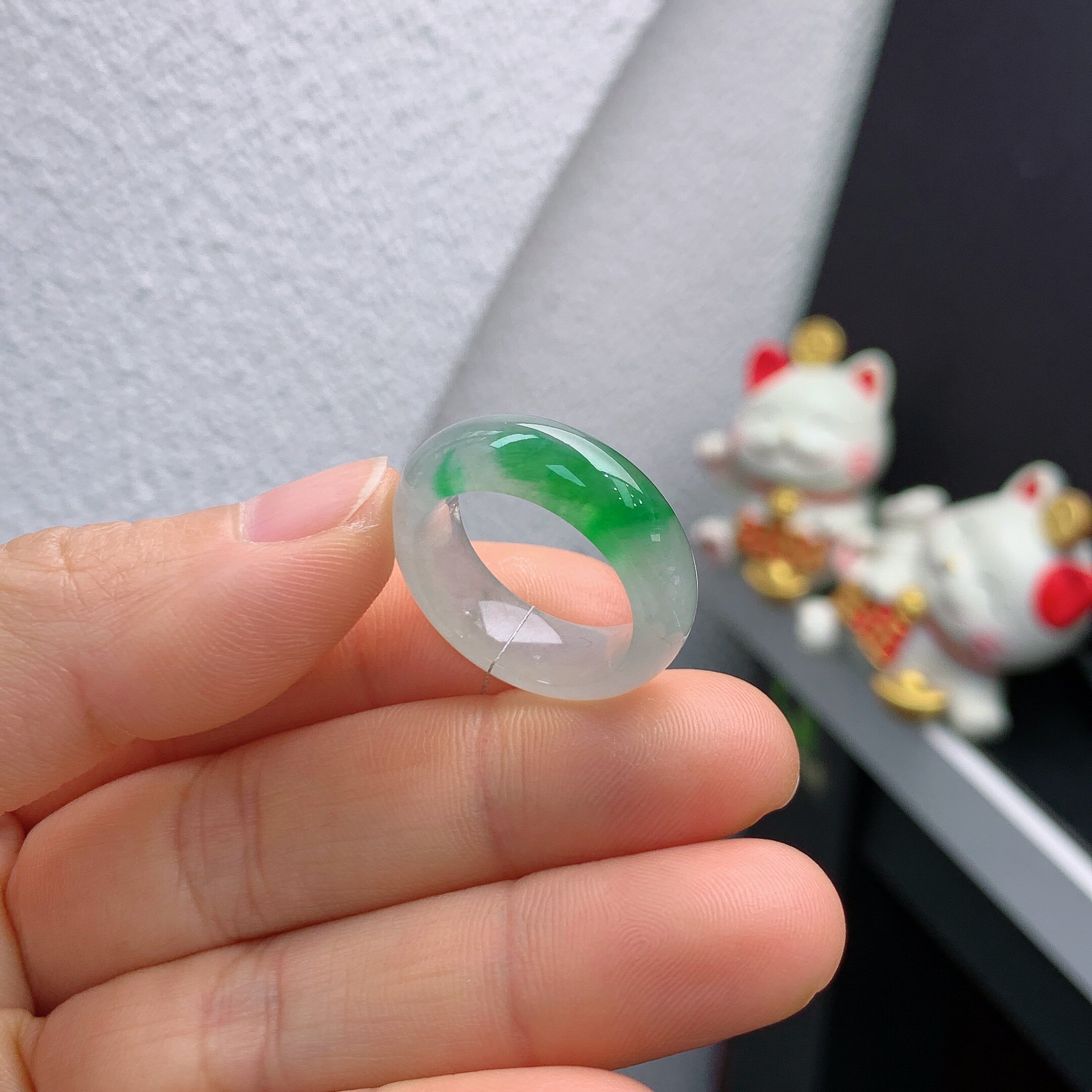 14-15 circle Burmese natural jade A goods ice floating sun green ring 183#