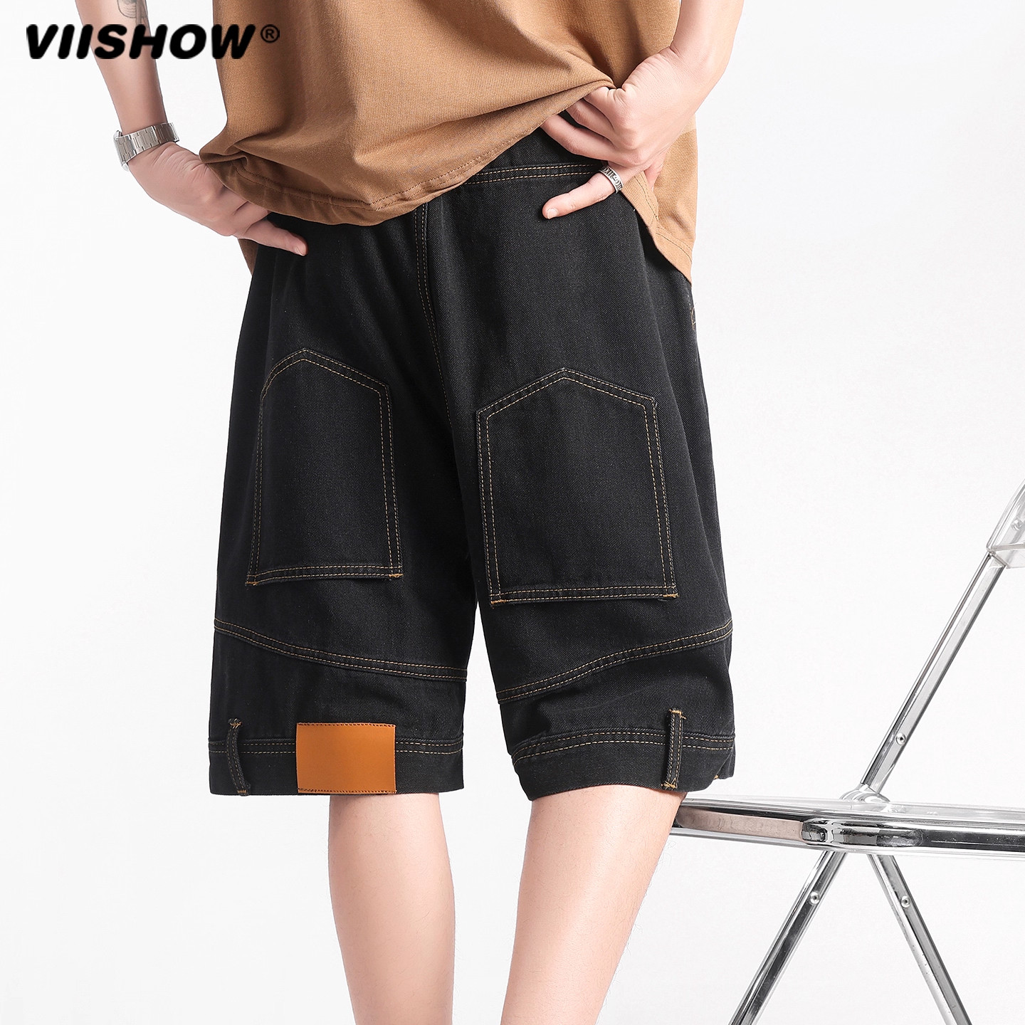 VIISHOW2025夏季新款美式水洗复古牛仔短裤男宽松直筒休闲中裤潮,淘宝优惠券,粉丝福利购,淘宝优惠卷