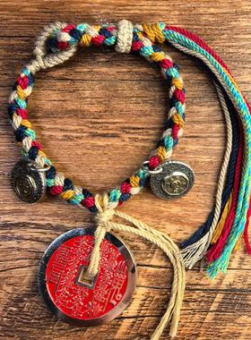 山鬼花钱吊坠真品纯黄铜钱币挂件朱砂999纯银编绳手链项链饰品