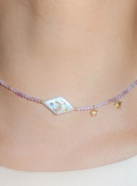 天然巴洛克月亮星星紫色串珠链锆石项链清新气质简约高级感跨境