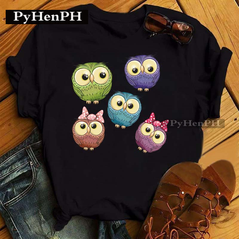 Cute Owl Black T Shirt 卡通猫头鹰印花女士圆领T恤衫百搭夏季 - 图3