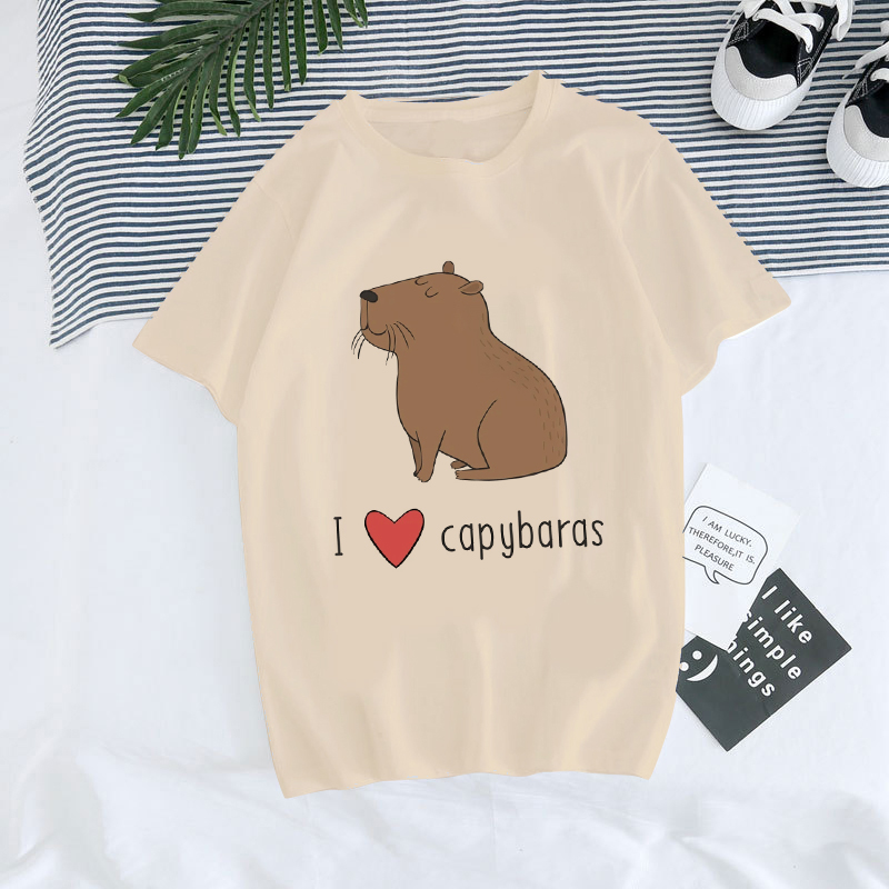 Capybara T Shir 时尚卡其色女士T恤个性卡通水豚印花圆领短袖衫 - 图1