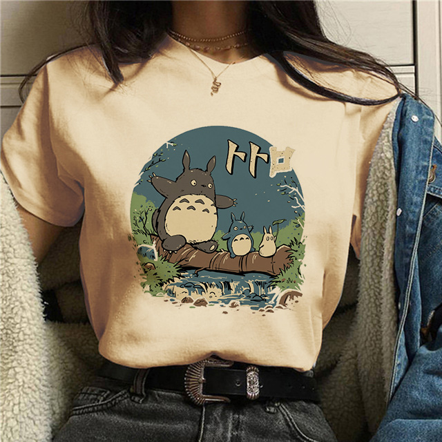 Totoro T shirt 卡通龙猫印花T恤女设计感卡其色圆领上衣百搭短袖 - 图0